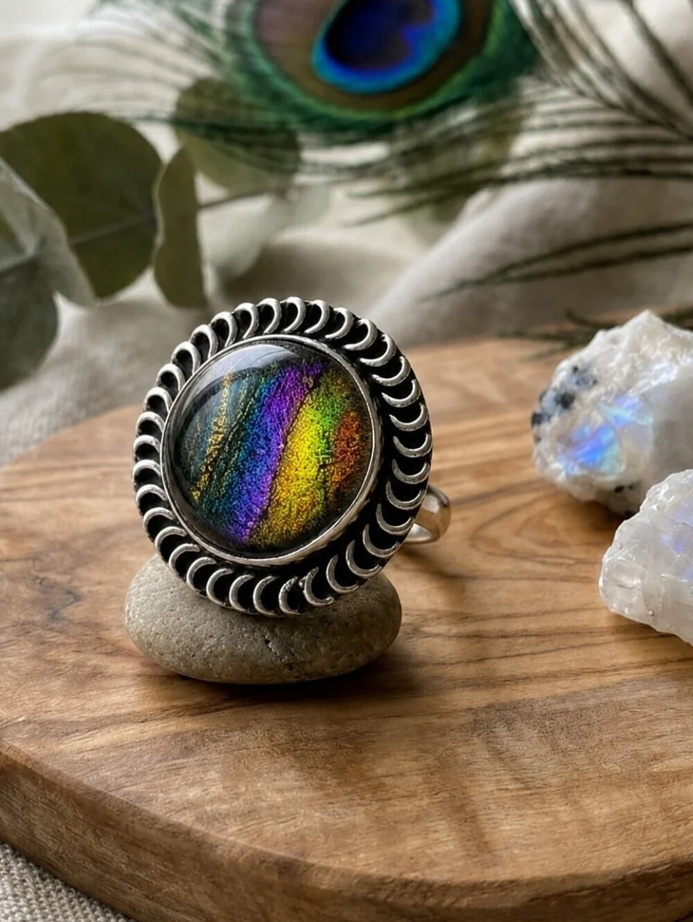 925 Sterling Silver Artisanal Rainbow Dichroic Glass Statement Ring Size 9